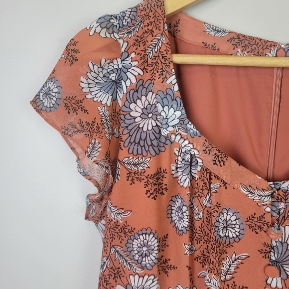 Madewell sheer sleeve button front midi dress floral burnt orange 4 - Picture 5 of 16